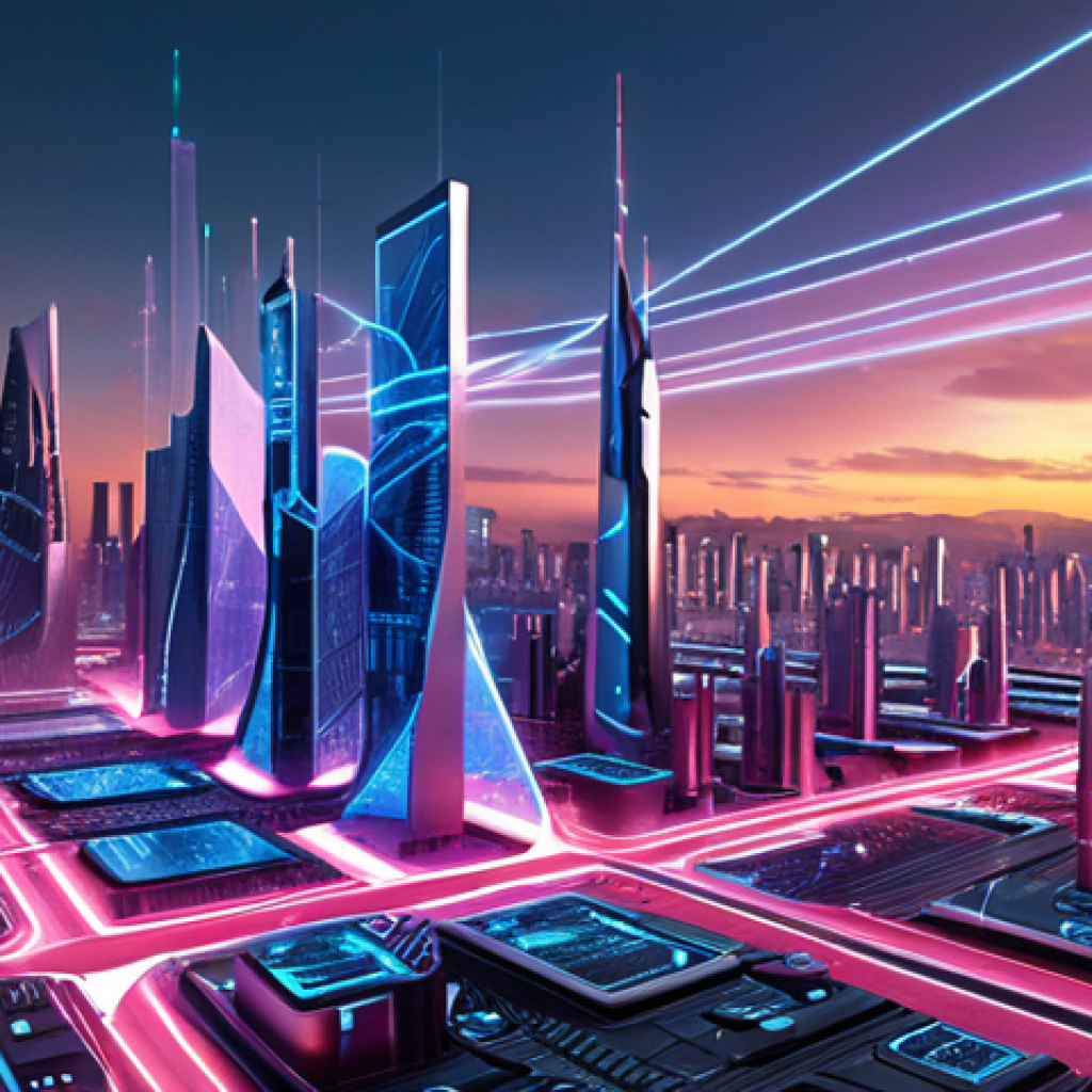 **Cybersecurity Innovation:** A futuristic cityscape with digital shields and data streams flowing, highlighting Check Point Software Technologies' advanced protection against cyber threats. Emphasize a sense of security and technological prowess.