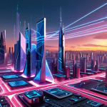 **Cybersecurity Innovation:** A futuristic cityscape with digital shields and data streams flowing, highlighting Check Point Software Technologies' advanced protection against cyber threats. Emphasize a sense of security and technological prowess.