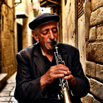 Klezmer Clarinet in Jerusalem** A close-up shot of a weathered Klezmer clarinet being played in a dimly lit Jerusalem alleyway, cobblestone visible, evoking nostalgia and joy with a touch of melancholy. Emphasize the musician's aged hands and intense gaze.

2.  **