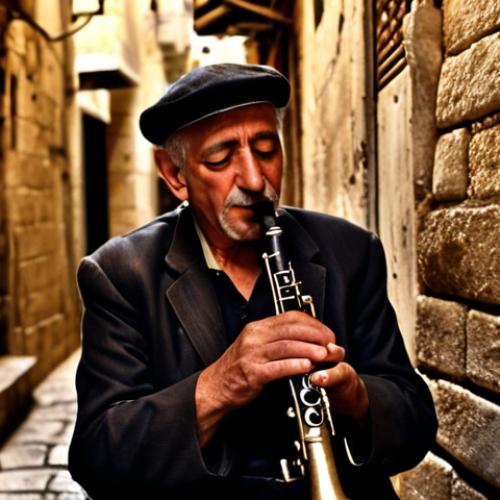 Klezmer Clarinet in Jerusalem** A close-up shot of a weathered Klezmer clarinet being played in a dimly lit Jerusalem alleyway, cobblestone visible, evoking nostalgia and joy with a touch of melancholy. Emphasize the musician's aged hands and intense gaze.

2.  **