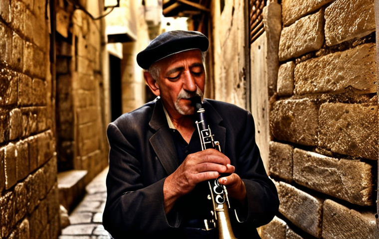 Klezmer Clarinet in Jerusalem** A close-up shot of a weathered Klezmer clarinet being played in a dimly lit Jerusalem alleyway, cobblestone visible, evoking nostalgia and joy with a touch of melancholy. Emphasize the musician's aged hands and intense gaze.
2. **