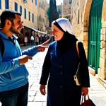 A professional, female local tour guide in Israel, fully clothed in modest, appropriate attire, engaging with a small group of diverse, fully clothed travelers. They are standing in a bustling, sunlit market alley in Jerusalem's Old City, surrounded by ancient stone walls and vibrant, family-friendly market stalls in the background. The guide is pointing towards an architectural detail or a local product, sharing insights with a warm, professional expression. Travelers are attentively listening and observing. Perfect anatomy, correct proportions, natural pose, well-formed hands, proper finger count, natural body proportions. Safe for work, appropriate content, professional photography, high quality, family-friendly.