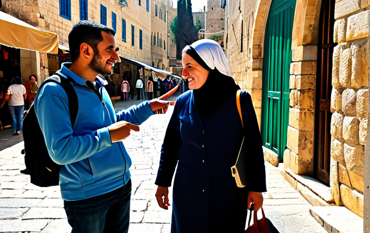 A professional, female local tour guide in Israel, fully clothed in modest, appropriate attire, engaging with a small group of diverse, fully clothed travelers. They are standing in a bustling, sunlit market alley in Jerusalem's Old City, surrounded by ancient stone walls and vibrant, family-friendly market stalls in the background. The guide is pointing towards an architectural detail or a local product, sharing insights with a warm, professional expression. Travelers are attentively listening and observing. Perfect anatomy, correct proportions, natural pose, well-formed hands, proper finger count, natural body proportions. Safe for work, appropriate content, professional photography, high quality, family-friendly.