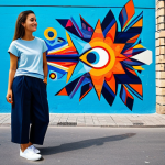 A professional, fully clothed female street artist in modest, contemporary, and appropriate attire, standing confidently in a vibrant urban alleyway. She is observing a large, colorful mural that blends abstract forms with subtle digital art elements on a brick wall, reminiscent of a dynamic city district like Tel Aviv's Florentin. The scene is bright and energetic, captured with professional photography. Perfect anatomy, correct proportions, natural pose, well-formed hands, proper finger count, natural body proportions. High quality, safe for work, appropriate content, family-friendly.