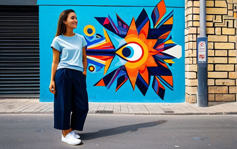 A professional, fully clothed female street artist in modest, contemporary, and appropriate attire, standing confidently in a vibrant urban alleyway. She is observing a large, colorful mural that blends abstract forms with subtle digital art elements on a brick wall, reminiscent of a dynamic city district like Tel Aviv's Florentin. The scene is bright and energetic, captured with professional photography. Perfect anatomy, correct proportions, natural pose, well-formed hands, proper finger count, natural body proportions. High quality, safe for work, appropriate content, family-friendly.