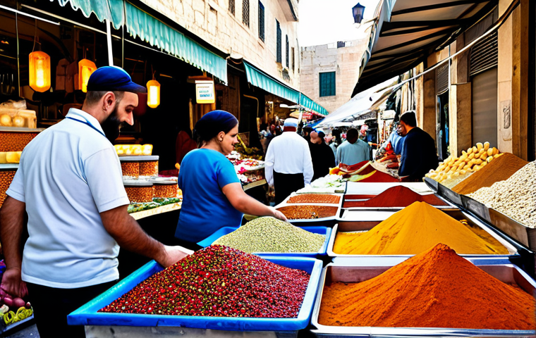 Mahane Yehuda Market Scene**

"A bustling marketplace scene at Mahane Yehuda in Jerusalem, fully clothed vendors selling colorful spices, fresh produce, and halva. Focus on the textures and vibrant colors of the goods. People are modestly dressed, engaging in commerce. Background includes architectural details of the market. Safe for work, appropriate content, professional photography, perfect anatomy (for any visible people), natural proportions, well-formed hands (if visible), proper finger count, family-friendly."

**