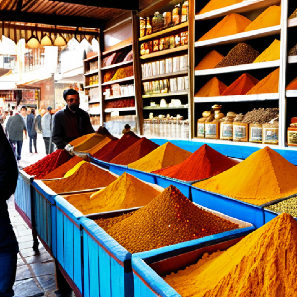 Shuk HaCarmel Spice Market**

"A vibrant and colorful display of spices at Shuk HaCarmel in Tel Aviv. Mountains of turmeric, cumin, paprika, and saffron create a mosaic of warm colors. Vendors are visible in the background, interacting with customers. The scene is bustling and full of life. fully clothed, appropriate content, safe for work, perfect anatomy, natural proportions, professional photography, high quality, modest setting."

**