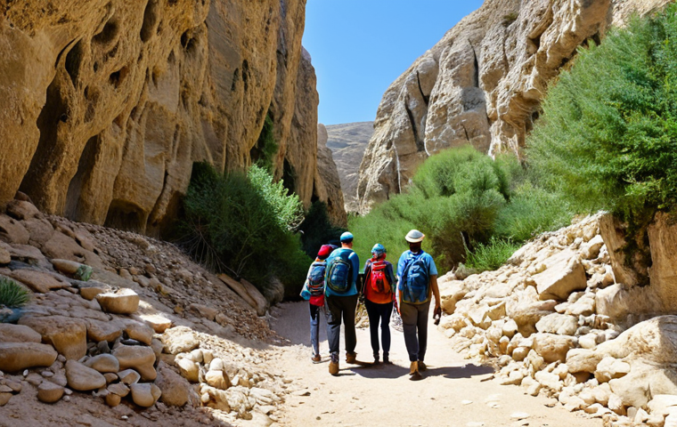 **

A group of Italian tourists, fully clothed in hiking gear, exploring a hidden canyon in the Israeli desert. The scene includes towering rock walls, clear blue sky, and lush vegetation near a natural spring. Appropriate attire, safe for work, perfect anatomy, correct proportions, professional photography, high quality, family-friendly.

**