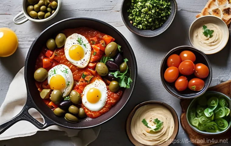 이스라엘의 전통 식료품과 요리 비법 - **Prompt: "A vibrant and inviting Israeli breakfast spread laid out on a rustic wooden table. The ta...