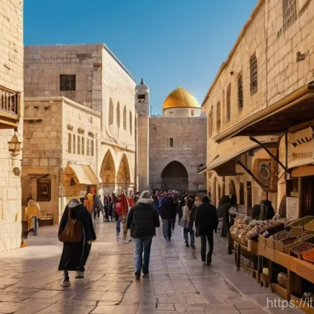 이스라엘의 기후 및 여행 적기 - **Jerusalem Old City in Golden Hour, Autumn:** A picturesque and bustling scene within the Old City ...