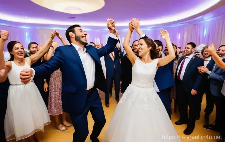 이스라엘의 전통 결혼식 음악 - **Vibrant Israeli Wedding Hora Dance:** A high-energy, joyful scene at an Israeli wedding reception....
