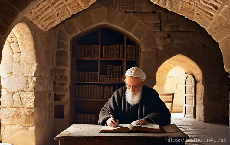 이스라엘의 주요 서점과 도서 페스티벌 - **Prompt:** A serene and warmly lit study room within an ancient stone building in Jerusalem. Sunlig...