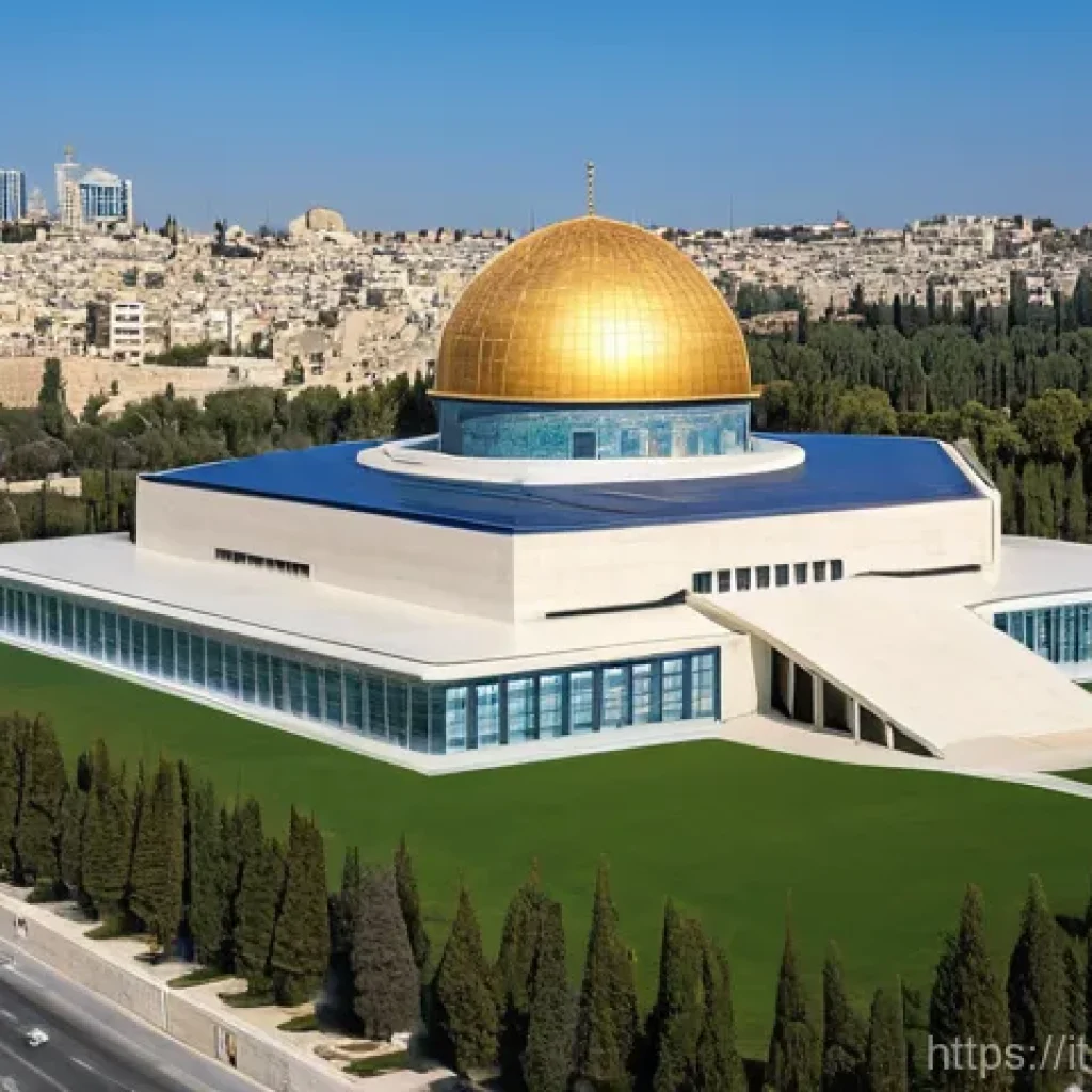 이스라엘 역사 박물관  예루살렘의 홀로코스트 박물관 - **Prompt: "A breathtaking wide shot of the Shrine of the Book at the Israel Museum in Jerusalem. The...