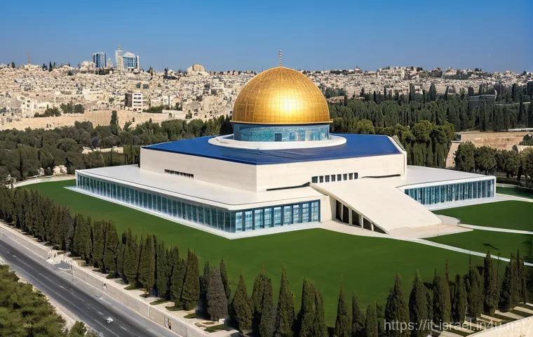 이스라엘 역사 박물관  예루살렘의 홀로코스트 박물관 - **Prompt: "A breathtaking wide shot of the Shrine of the Book at the Israel Museum in Jerusalem. The...