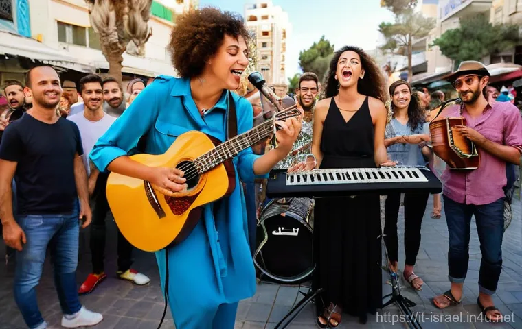이스라엘의 민족 음악 연주 - **A vibrant street performance in Tel Aviv showcasing the fusion of Mizrahi and modern Israeli music...