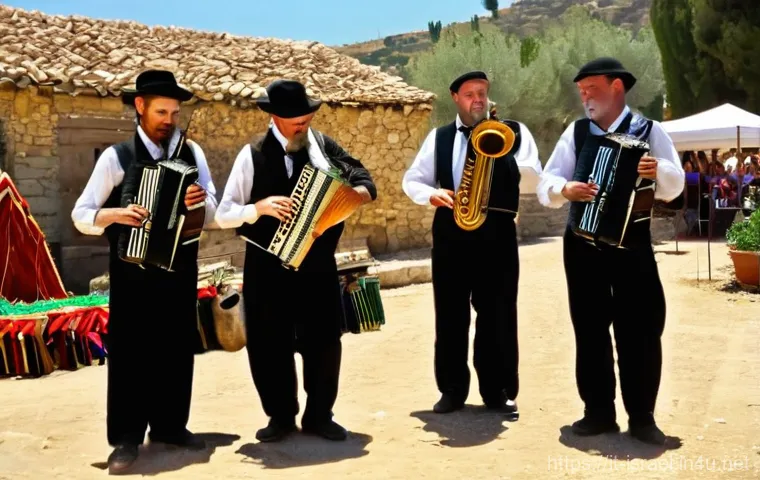 이스라엘의 민족 음악 연주 - **A vibrant street performance in Tel Aviv showcasing the fusion of Mizrahi and modern Israeli music...