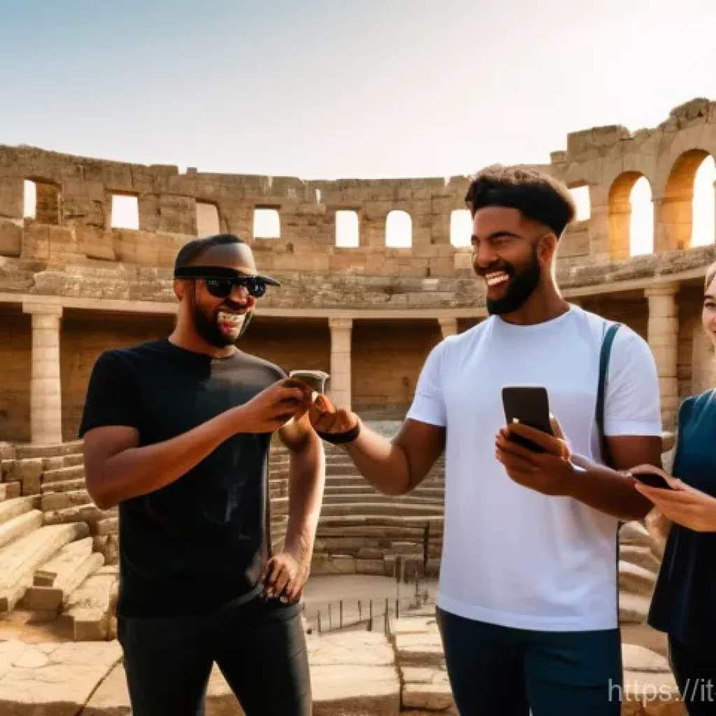 이스라엘의 관광산업과 혁신 사례 - **Prompt:** A young, diverse group of friends in modern casual clothing, standing in the ancient rui...