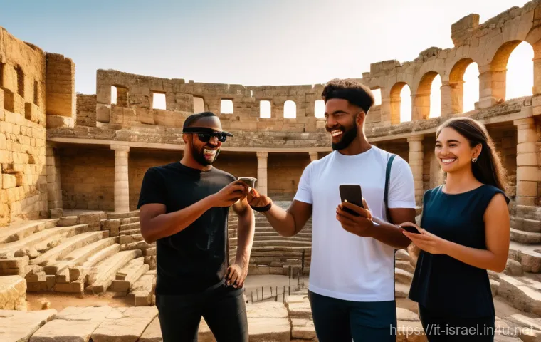 이스라엘의 관광산업과 혁신 사례 - **Prompt:** A young, diverse group of friends in modern casual clothing, standing in the ancient rui...