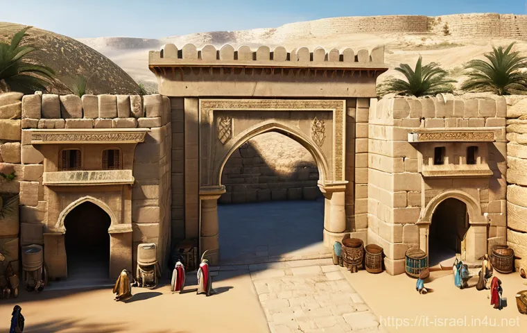 이스라엘 고대 건축 양식 - **Prompt 1: Bustling Ancient Israelite City Gate at Dawn**
    An intricately detailed wide shot of ...