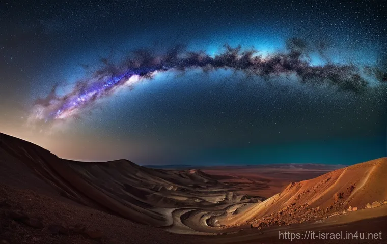 이스라엘의 주요 사막 관광 명소 - **Prompt:** A breathtaking wide shot of Makhtesh Ramon in Israel at night, showcasing the unique geo...