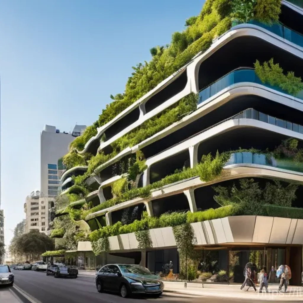 이스라엘의 현대 건축물 - **A dynamic, futuristic cityscape of Tel Aviv.** The scene features towering, sleek skyscrapers with...