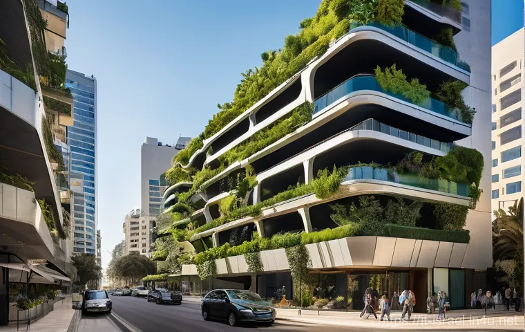 이스라엘의 현대 건축물 - **A dynamic, futuristic cityscape of Tel Aviv.** The scene features towering, sleek skyscrapers with...