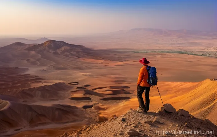 이스라엘에서의 사막 캠핑 - Prompt 1: Desert Trekking at Sunset in Makhtesh Ramon**