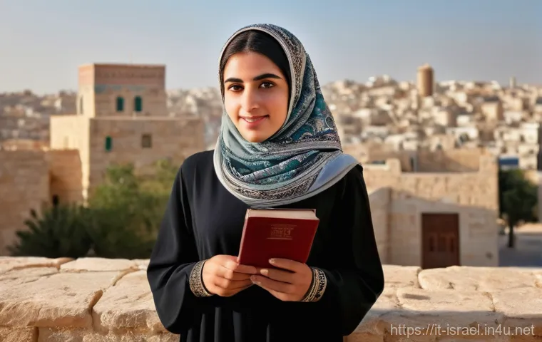 이스라엘의 아랍인 공동체 - **Prompt 1: Blending Identities and Cultures**
    "A portrait of a young Arab Israeli woman, approx...