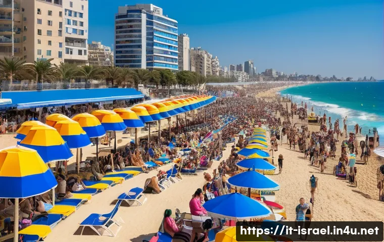 이스라엘에서의 LGBTQ  친화적인 장소 - **Vibrant Hilton Beach Gathering:** A wide shot of the lively Hilton Beach in Tel Aviv, bustling wit...