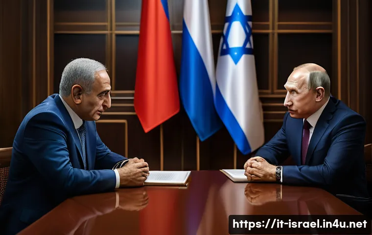 이스라엘과 러시아의 외교 관계 - A detailed illustration of a discreet diplomatic meeting between Israeli and Russian officials in a ...