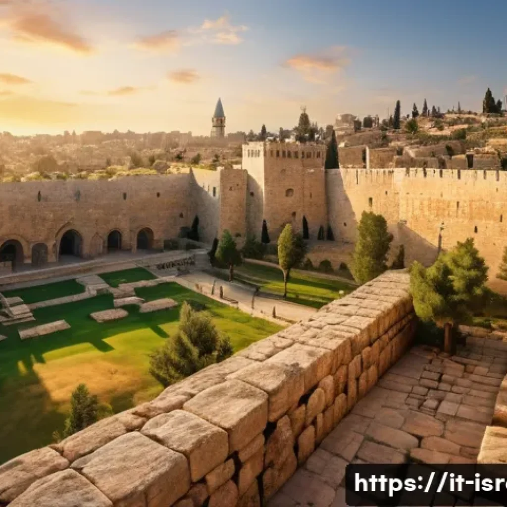 이스라엘의 유명 고고학적 발견과 그 의미 - A panoramic view of the ancient fortified walls of Jerusalem at sunset, showcasing detailed stone ma...