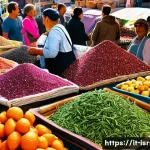 이스라엘에서의 비건 레스토랑 찾기 - A vibrant Israeli local market scene at Carmel Market in Tel Aviv during a sunny morning, featuring ...