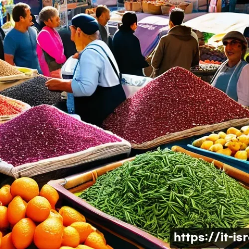 이스라엘에서의 비건 레스토랑 찾기 - A vibrant Israeli local market scene at Carmel Market in Tel Aviv during a sunny morning, featuring ...