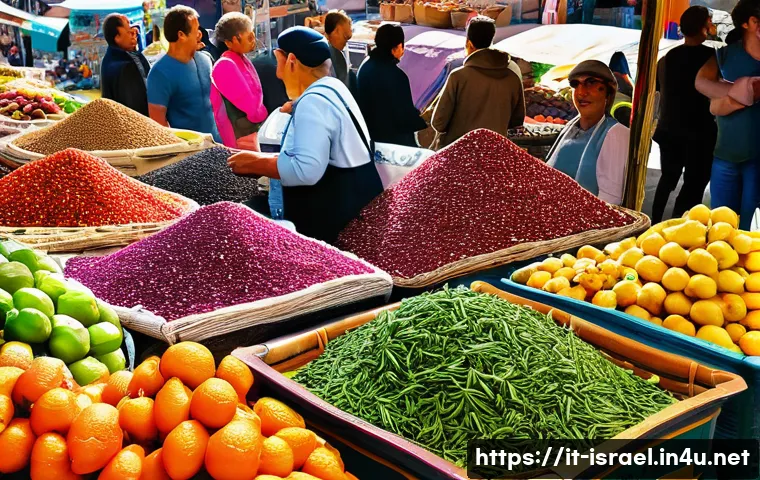 이스라엘에서의 비건 레스토랑 찾기 - A vibrant Israeli local market scene at Carmel Market in Tel Aviv during a sunny morning, featuring ...