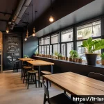 이스라엘의 카페 문화 - A cozy Tel Aviv specialty coffee shop interior featuring minimalist design blended with urban street...
