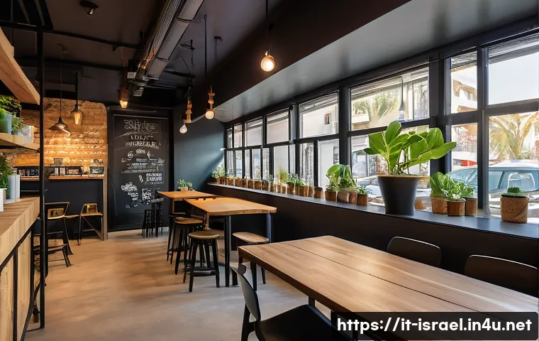 이스라엘의 카페 문화 - A cozy Tel Aviv specialty coffee shop interior featuring minimalist design blended with urban street...