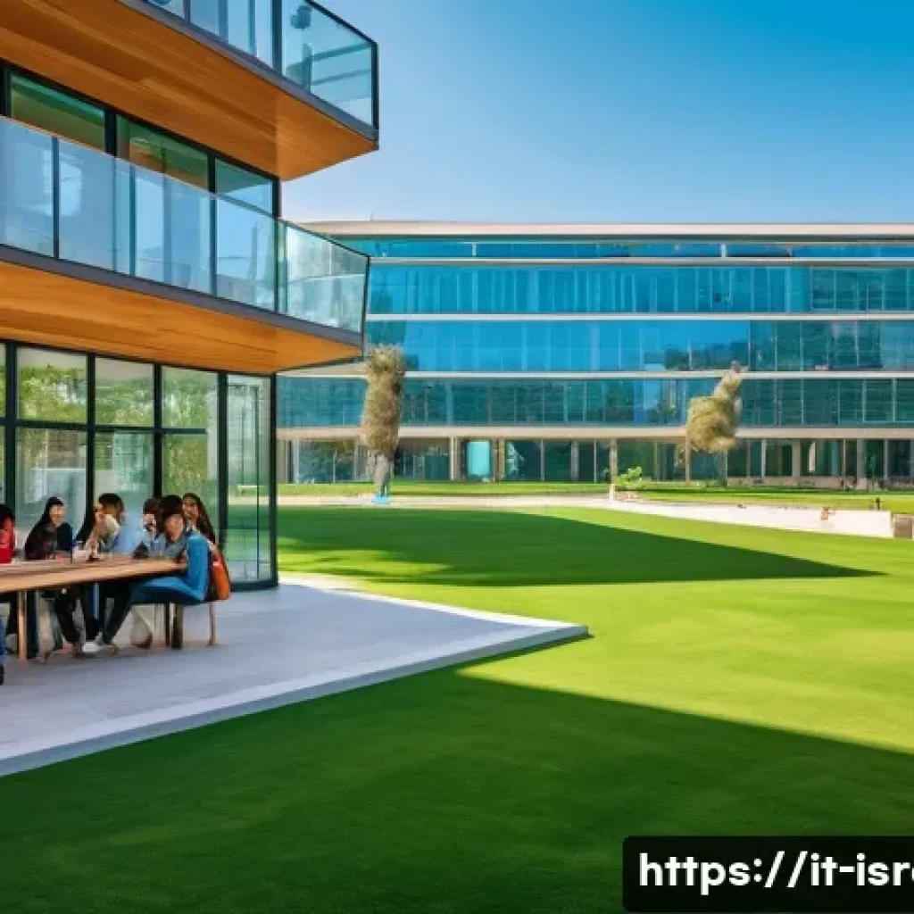 이스라엘의 주요 대학 랭킹 - A vibrant university campus in Tel Aviv featuring modern architectural buildings with large glass fa...