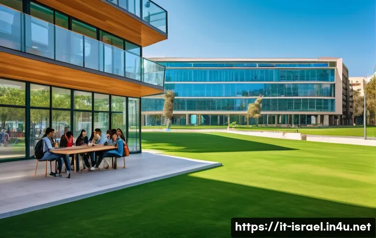 이스라엘의 주요 대학 랭킹 - A vibrant university campus in Tel Aviv featuring modern architectural buildings with large glass fa...