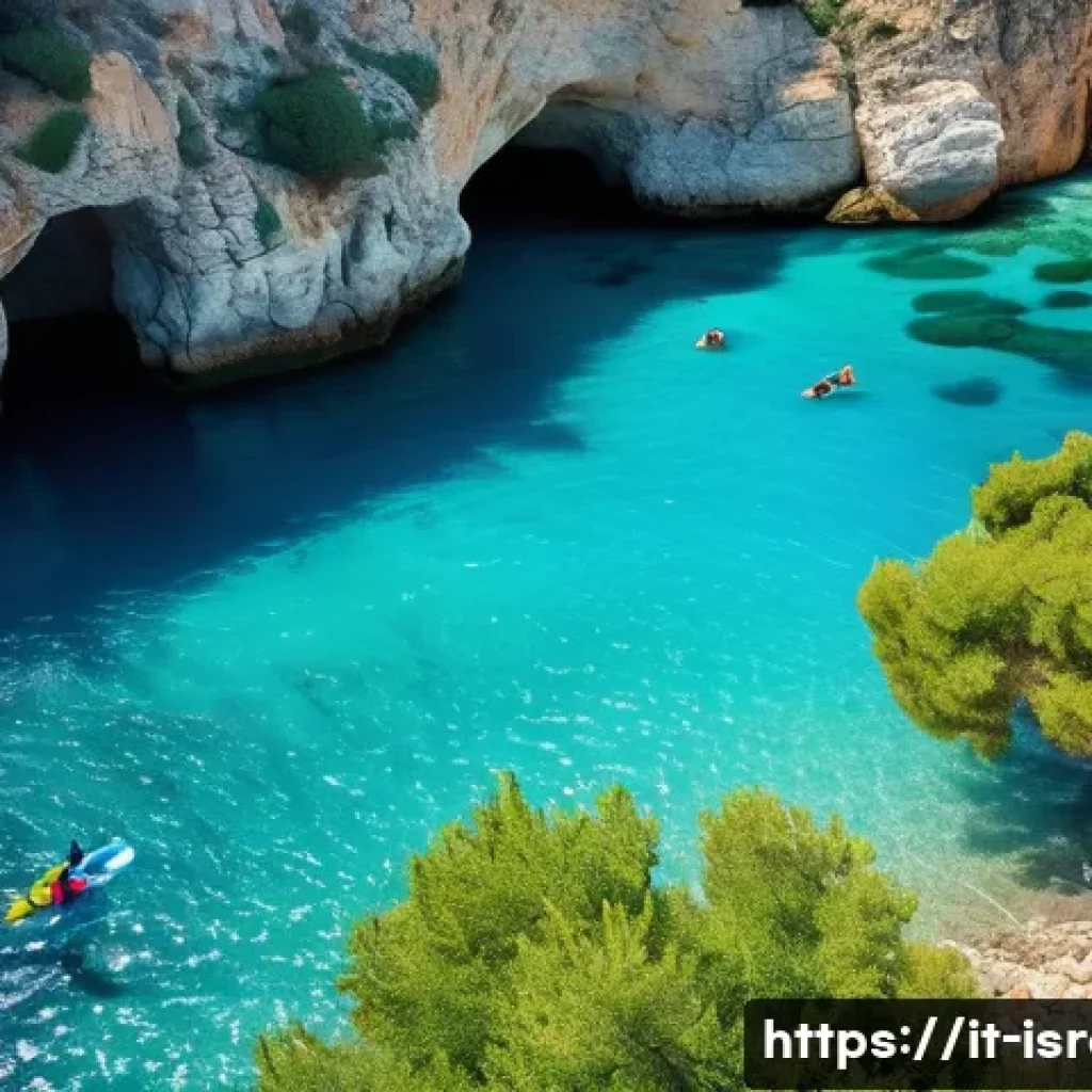 이스라엘의 해양 스포츠와 사막 모험 - A serene hidden Mediterranean beach scene in Israel featuring a secluded cove with golden sand and c...