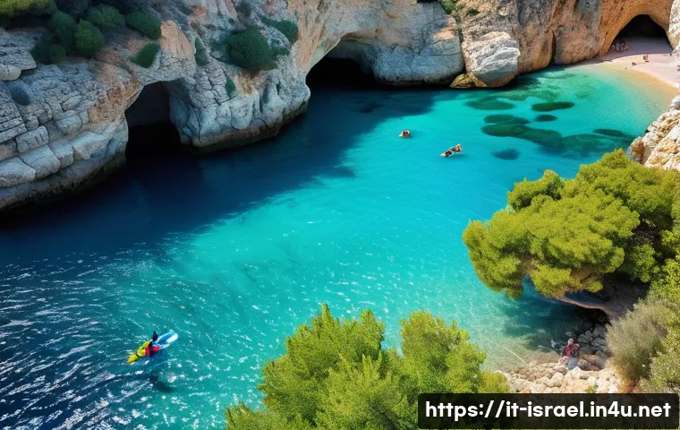 이스라엘의 해양 스포츠와 사막 모험 - A serene hidden Mediterranean beach scene in Israel featuring a secluded cove with golden sand and c...