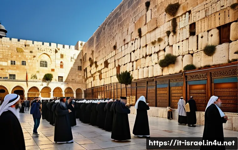 이스라엘의 대표 종교 유대교 이슬람교 기독교 - A vibrant street scene in Jerusalem showcasing the coexistence of the three major religions: Judaism...