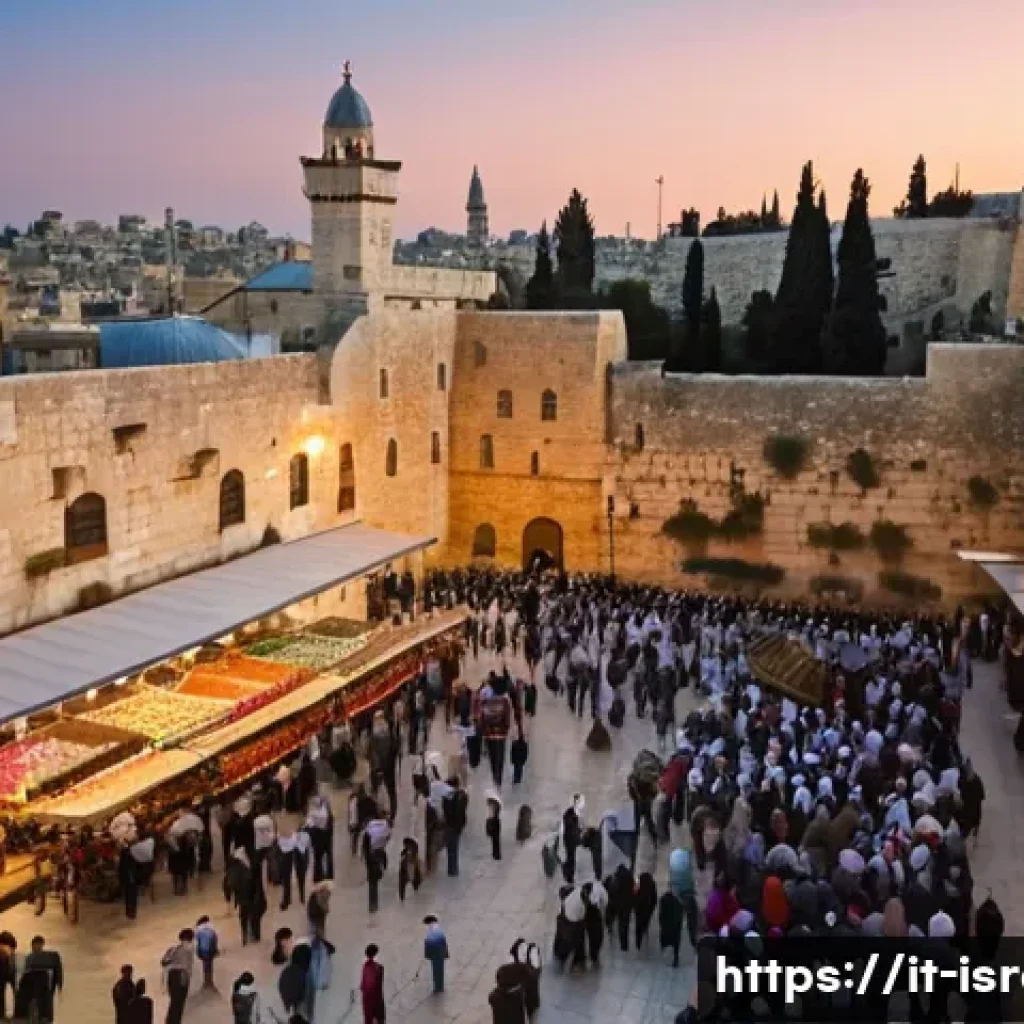 이스라엘과 관련된 역사적 사건 - A vibrant street scene in Jerusalem&rsquo;s Old City at sunset, featuring the iconic Western Wall, the Chu...