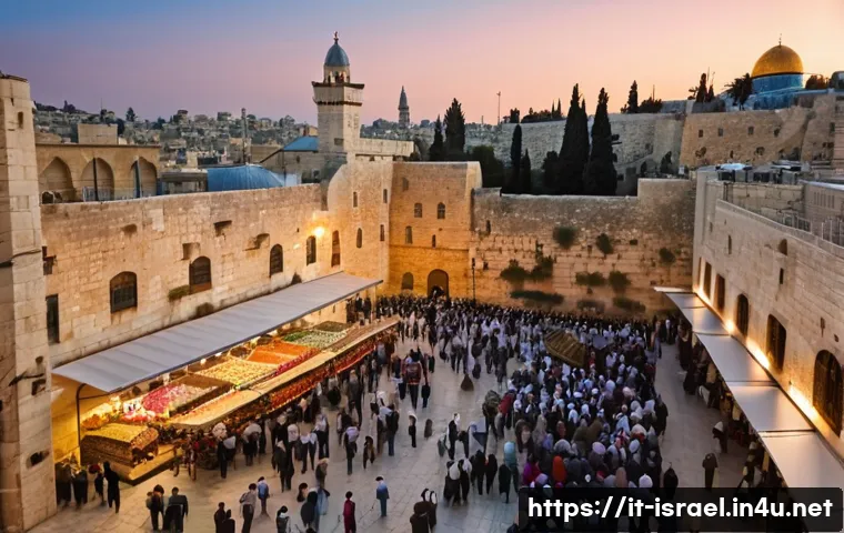 이스라엘과 관련된 역사적 사건 - A vibrant street scene in Jerusalem’s Old City at sunset, featuring the iconic Western Wall, the Chu...
