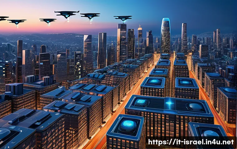 이스라엘 드론 연구소 - A high-tech urban scene at dusk featuring autonomous drones equipped with LiDAR, infrared, and 4K ca...