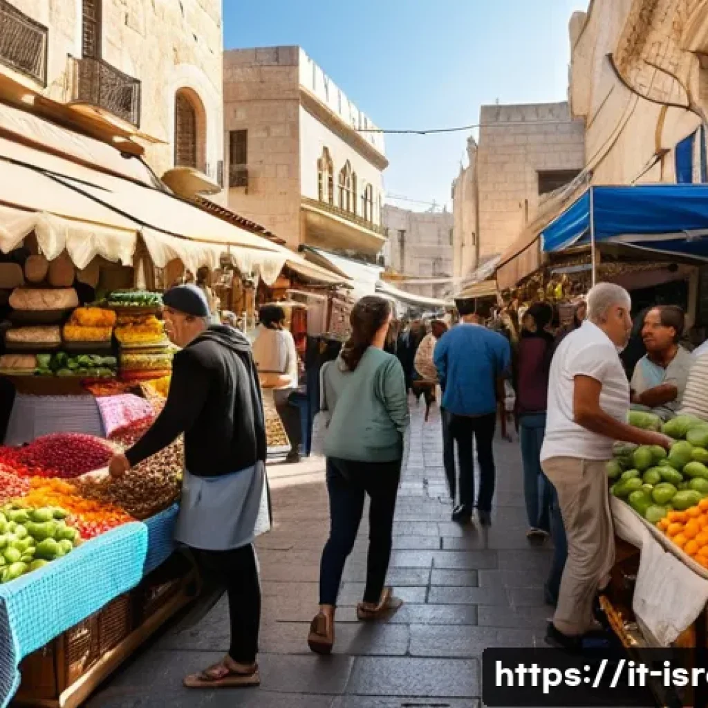 이스라엘 화폐 및 환전 팁 - A bustling Israeli street market scene featuring vibrant stalls with fresh produce, spices, and stre...