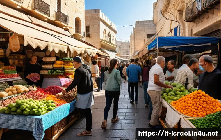 이스라엘 화폐 및 환전 팁 - A bustling Israeli street market scene featuring vibrant stalls with fresh produce, spices, and stre...