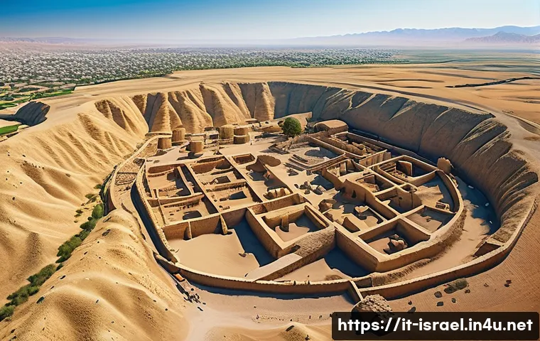 이스라엘의 고고학 발굴지 - A detailed aerial view of the ancient archaeological site of Jericho during the Neolithic period, sh...