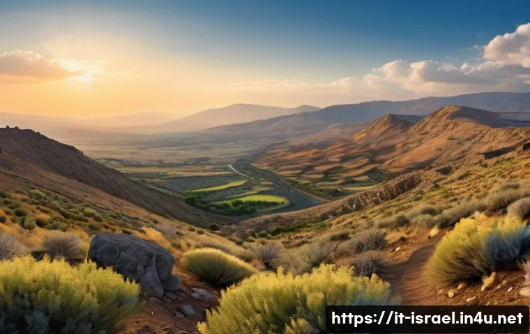 이스라엘 시리아 국경 여행 - A panoramic view of the Golan Heights landscape at golden hour, featuring rugged mountains with rock...