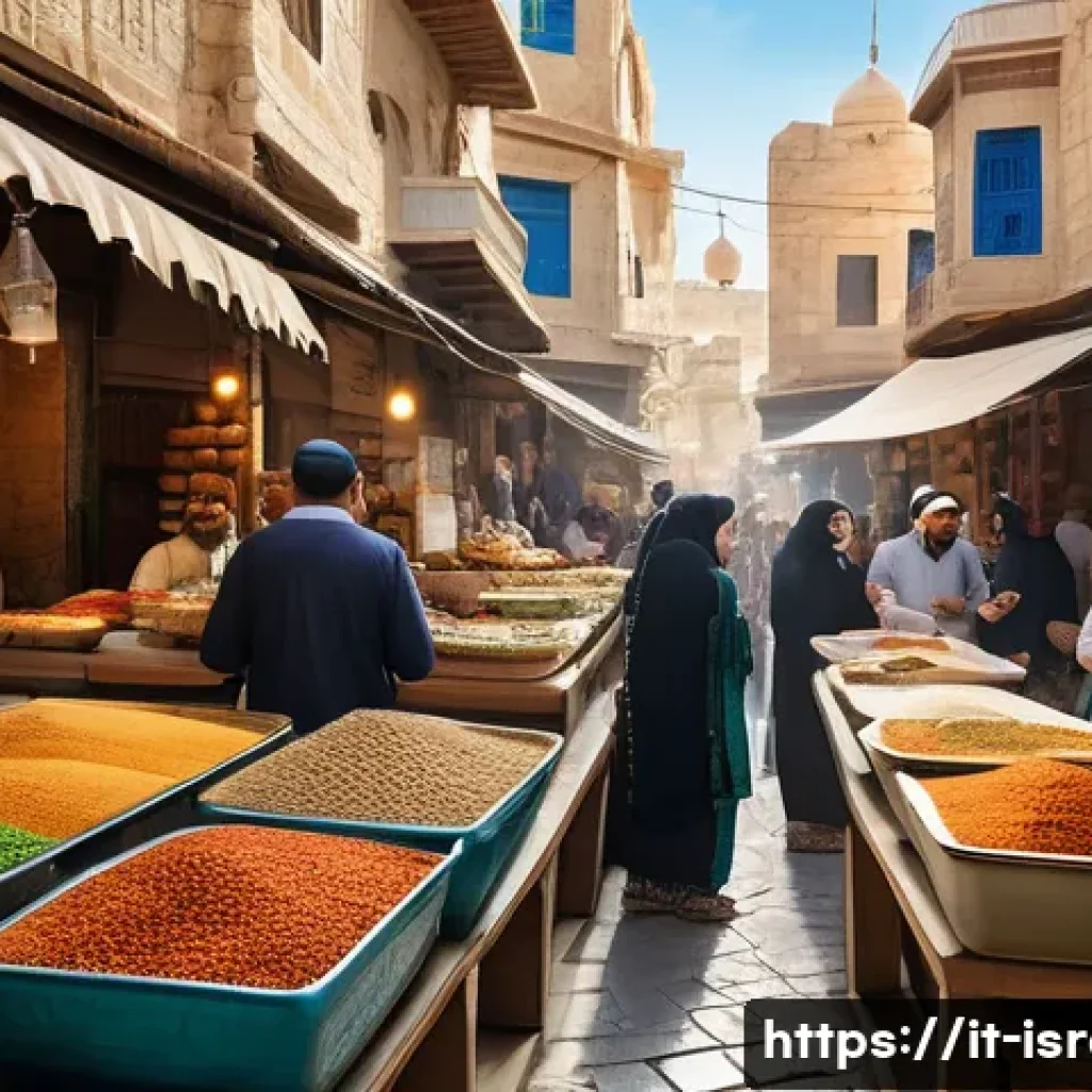 이스라엘 팔레스타인 분쟁의 문화적 뿌리 - A vibrant street market scene in a historic Middle Eastern city blending Israeli and Palestinian cul...