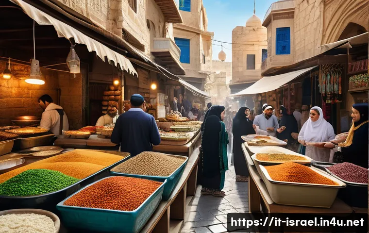 이스라엘 팔레스타인 분쟁의 문화적 뿌리 - A vibrant street market scene in a historic Middle Eastern city blending Israeli and Palestinian cul...